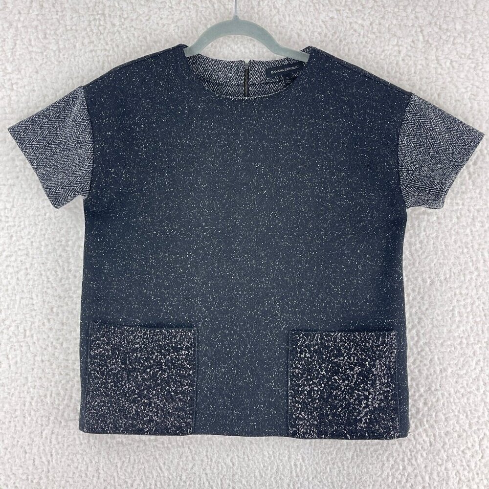 Banana Republic Black Silver Metallic Box Shirt Womens Sequin Pocket‎ Size Small